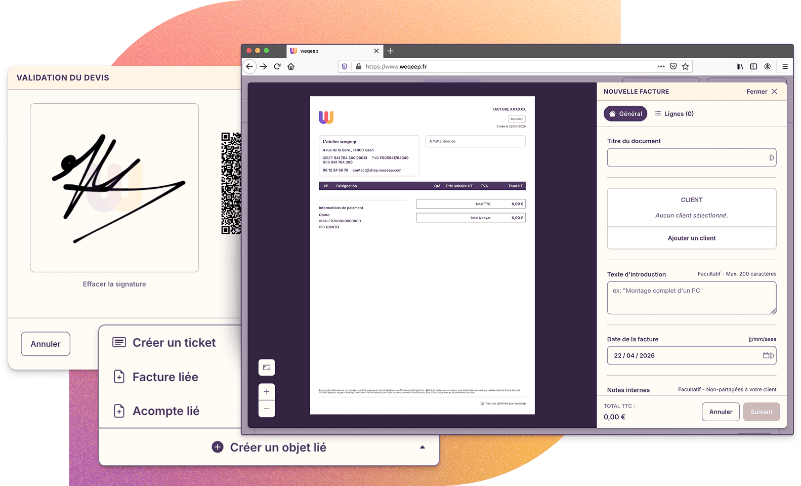 Vue de l'interface de facturation dans weqeep.