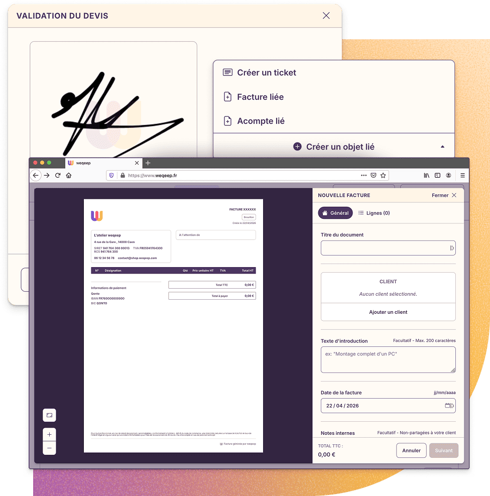 Vue de l'interface de facturation dans weqeep.